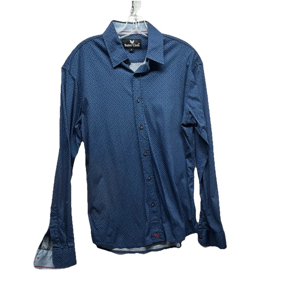ButterCloth Men's Large Blue Cotton Long Sleeve Button Up Shirt (E6)